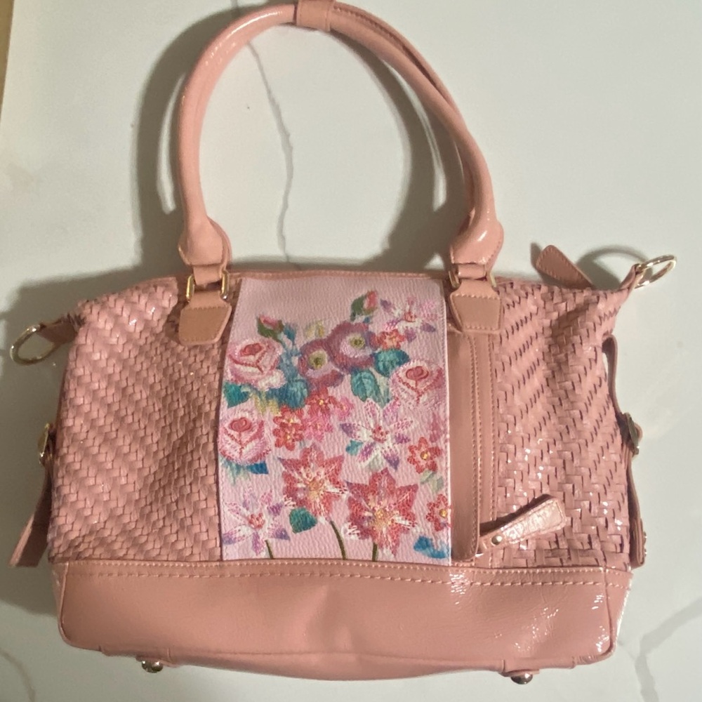 Vintage 80's Sharif New York Leather Pink Floral Embroidered Handbag